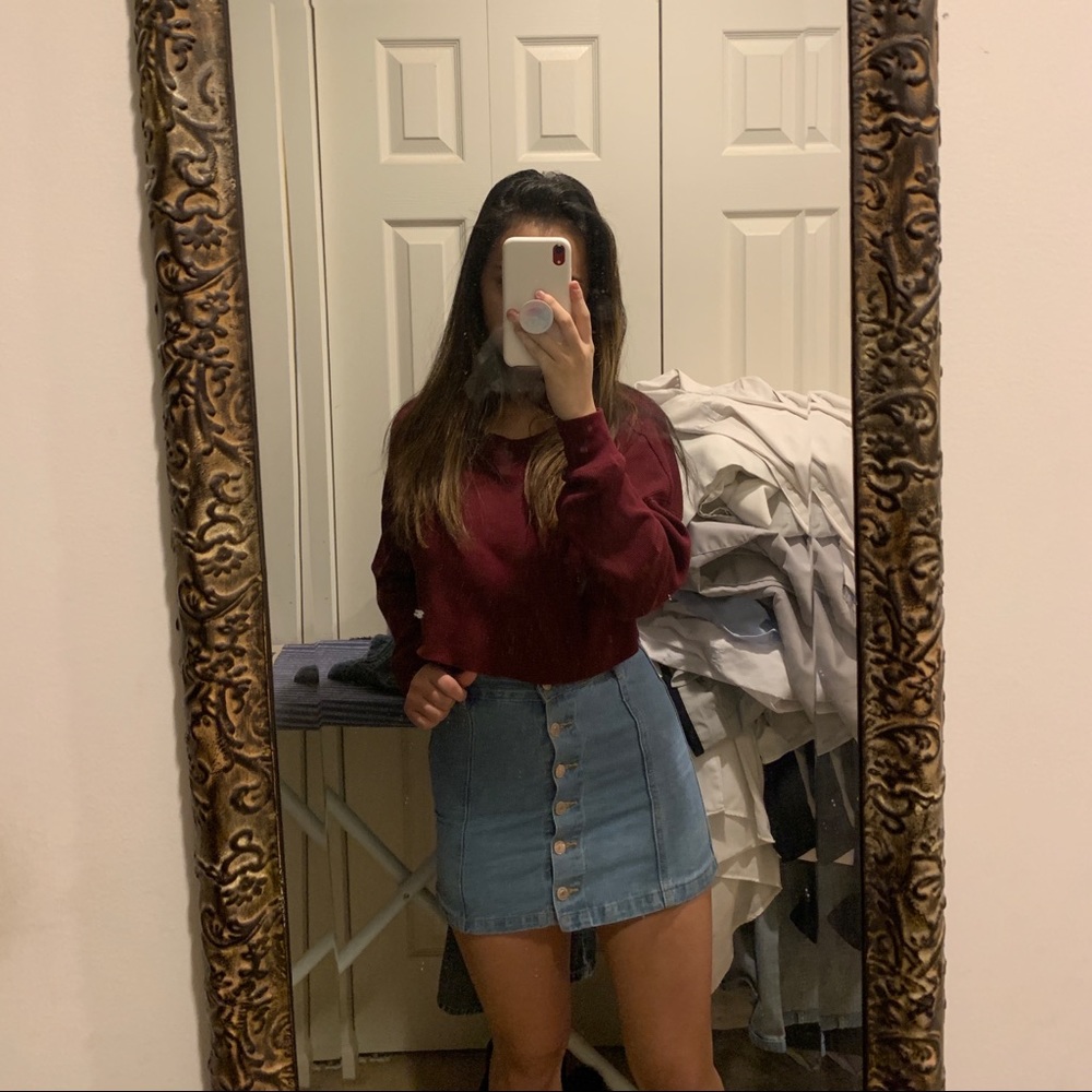 F21 button up light wash denim / jean skirt